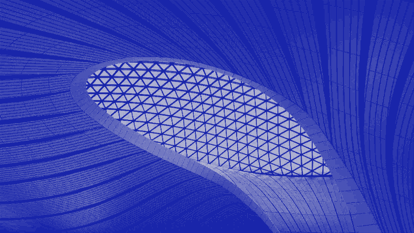 The flowing ceiling of Daxing airport, rendered as a blue two-tone dither pattern