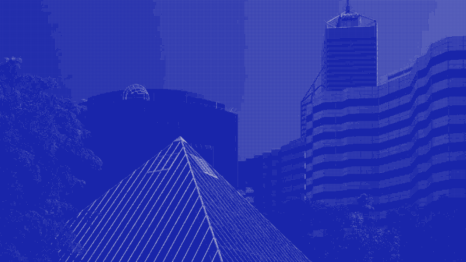 The Perth skyline across the Swan River, rendered as a blue two-tone dither pattern