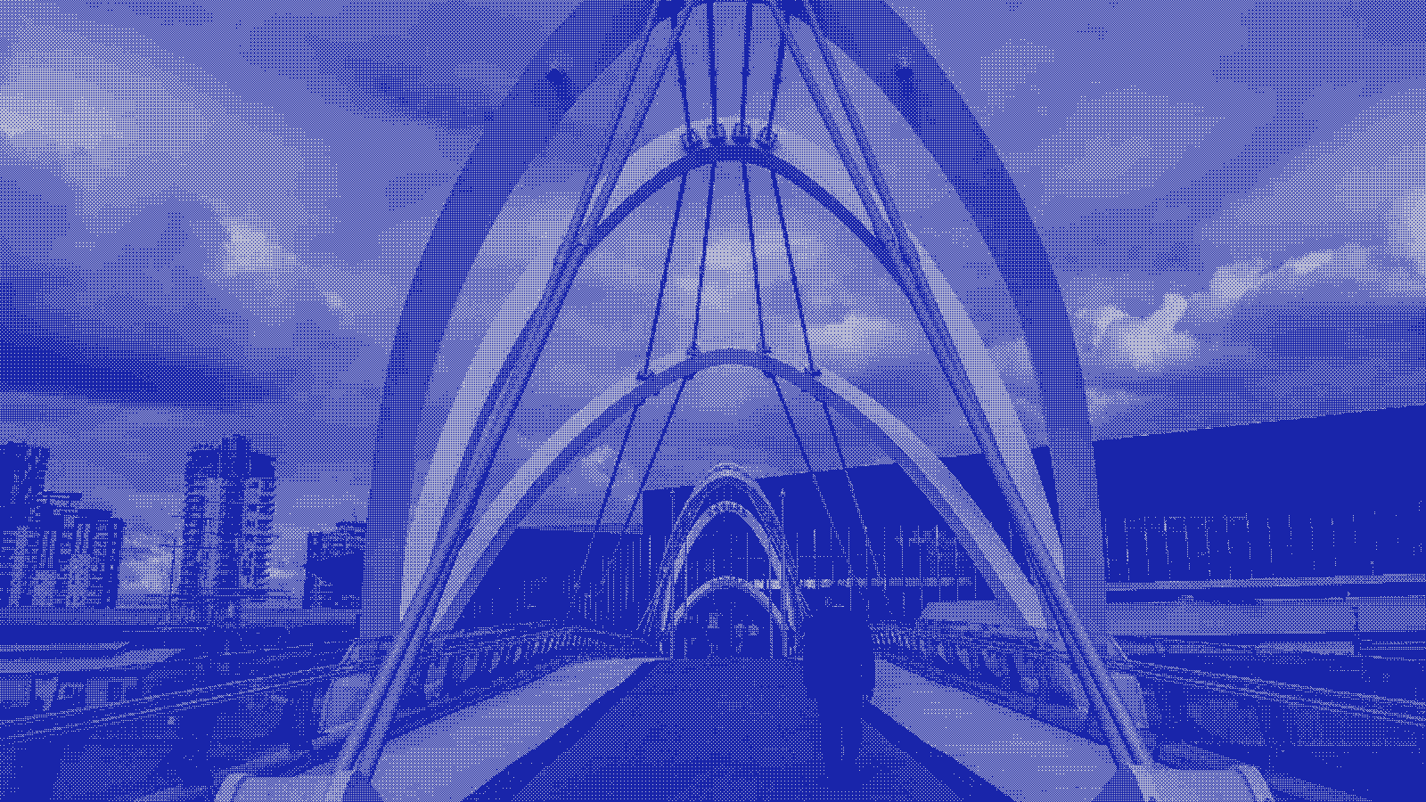 The Seafarers Bridge in Melbourne, rendered as a blue two-tone dither pattern